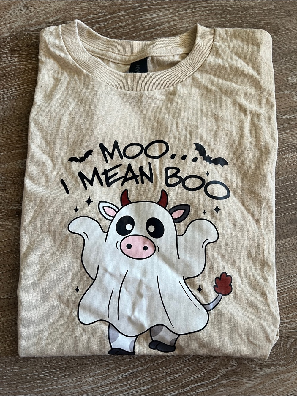 Cute Cow Ghost Graphic Tee - Beige with Black & Pink Print